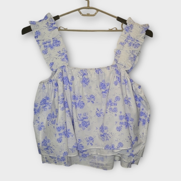 Hyacinth House Tuckernuck Sleeveless Ruffle Top XXL White Blue Chintz Floral - Picture 2 of 6